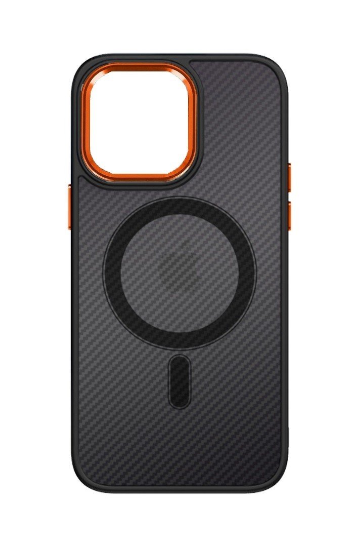 Kryt Tel Protect Magnetic Carbon iPhone 12 pevný tmavý s oranžovým rámečkem 97604