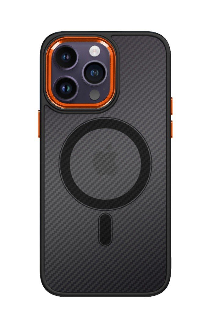 Kryt Tel Protect Magnetic Carbon iPhone 13 Pro pevný tmavý s oranžovým rámečkem 97587
