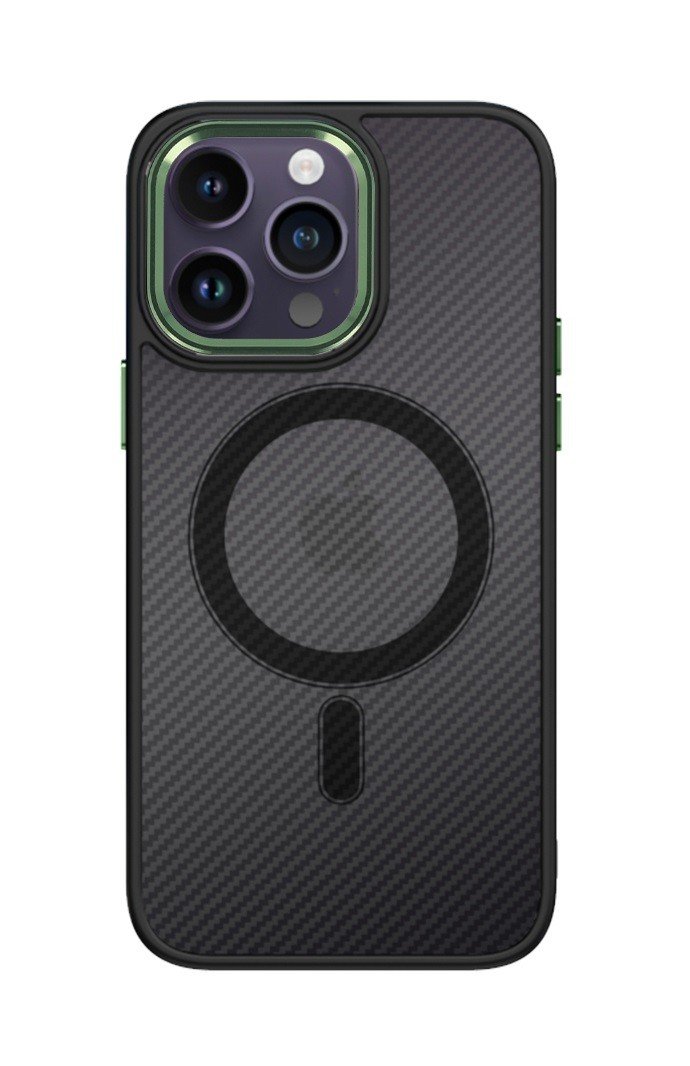 Kryt Tel Protect Magnetic Carbon iPhone 14 Pro pevný tmavý se zeleným rámečkem 97583