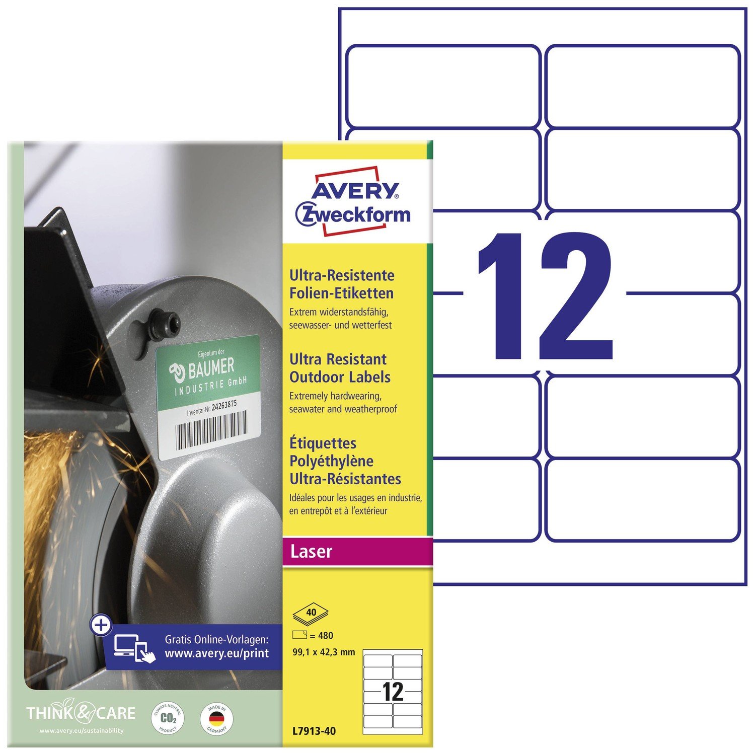 Avery-Zweckform L7913-40 99.1 x 42.3 mm polyethylenová fólie bílá 480 ks permanentní univerzální etikety laser 40 listů A4