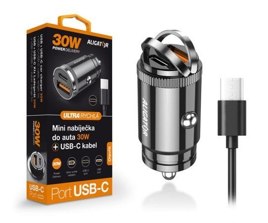 Aligator mini nabíječka do auta Power Delivery 30W, USB-C + USB-A, USB-C/USB-C kabel