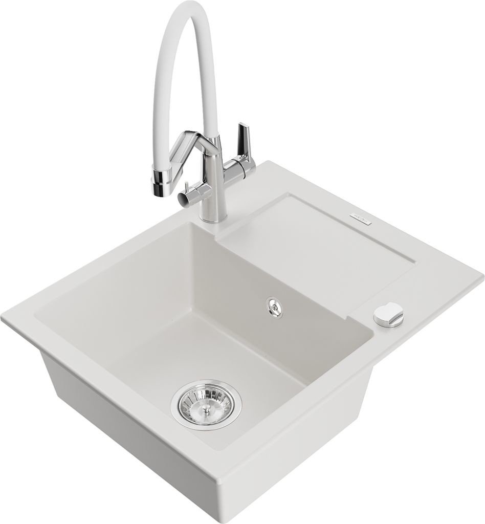 MEXEN/S Enzo granitový dřez s odkapávačem včetně baterie Duo, bílá 6506-20-671701-02