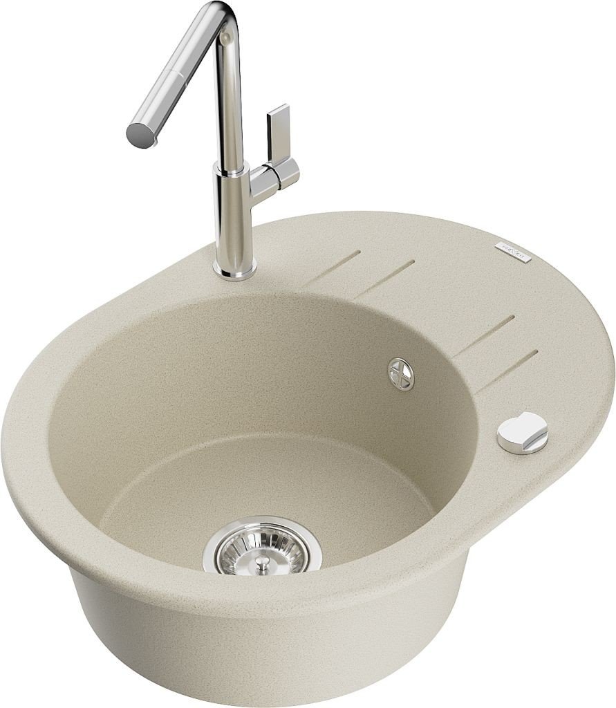 MEXEN/S Kevin granitový dřez 1-miska s odkapávačem včetně baterie Flora, béžová 6517-69-670401-00