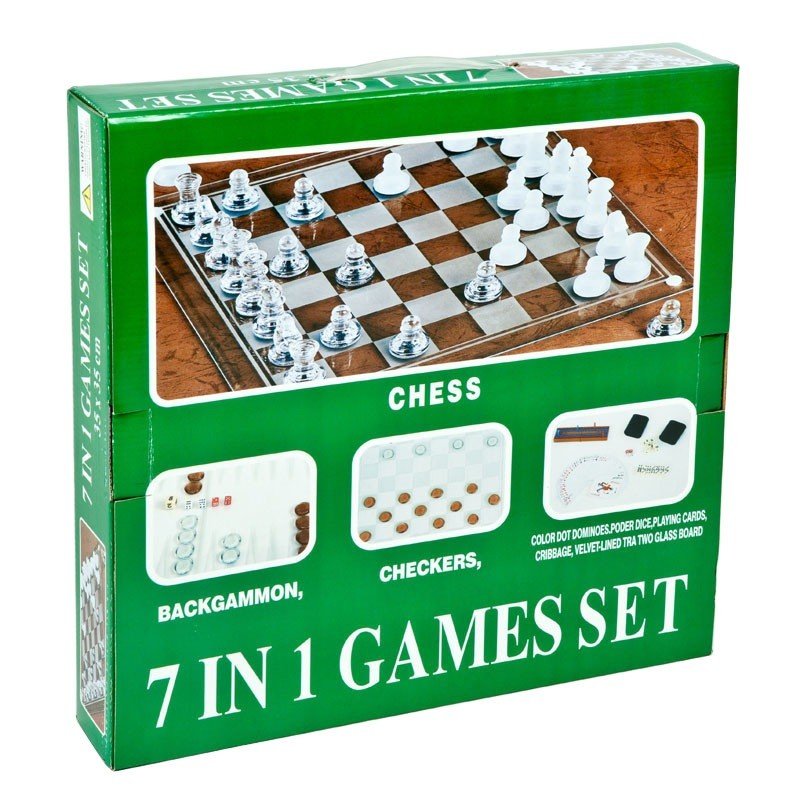Set společenských stolních her 7 v 1 - Šachy, domino, karty, kostky a další