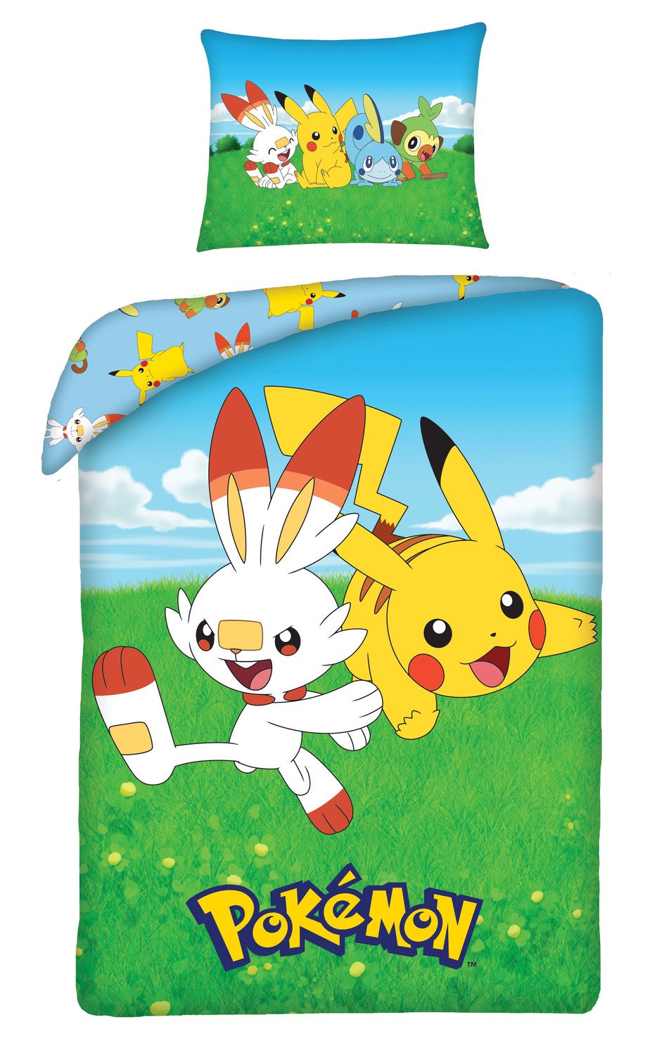 Halantex Bavlněné povlečení 140x200 + 70x90 cm - Pokémoni Pikachu a Scorbunny