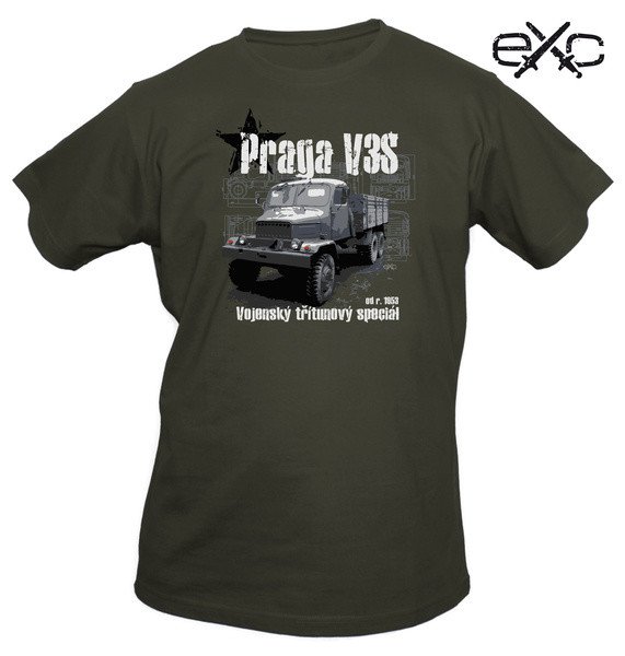 Triko s krátkým rukávem a potiskem Praga V3S vojenský třítunový speciál khaki EXC® Velikost: S