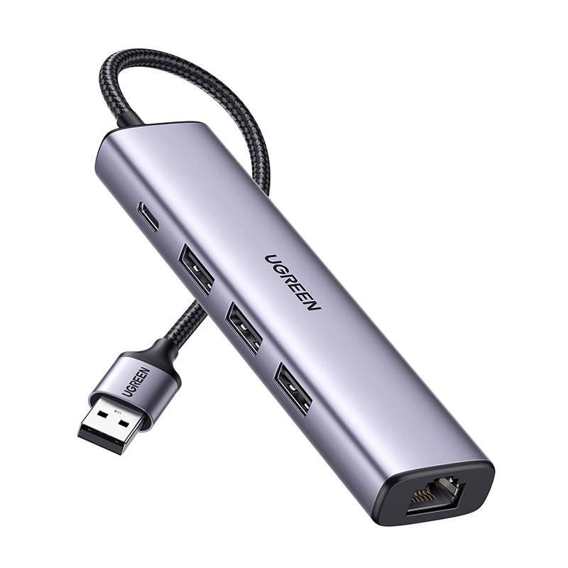 Adaptér UGREEN 5v1 USB-A na 3x USB 3.0 + RJ45 + USB-C (stříbrný)