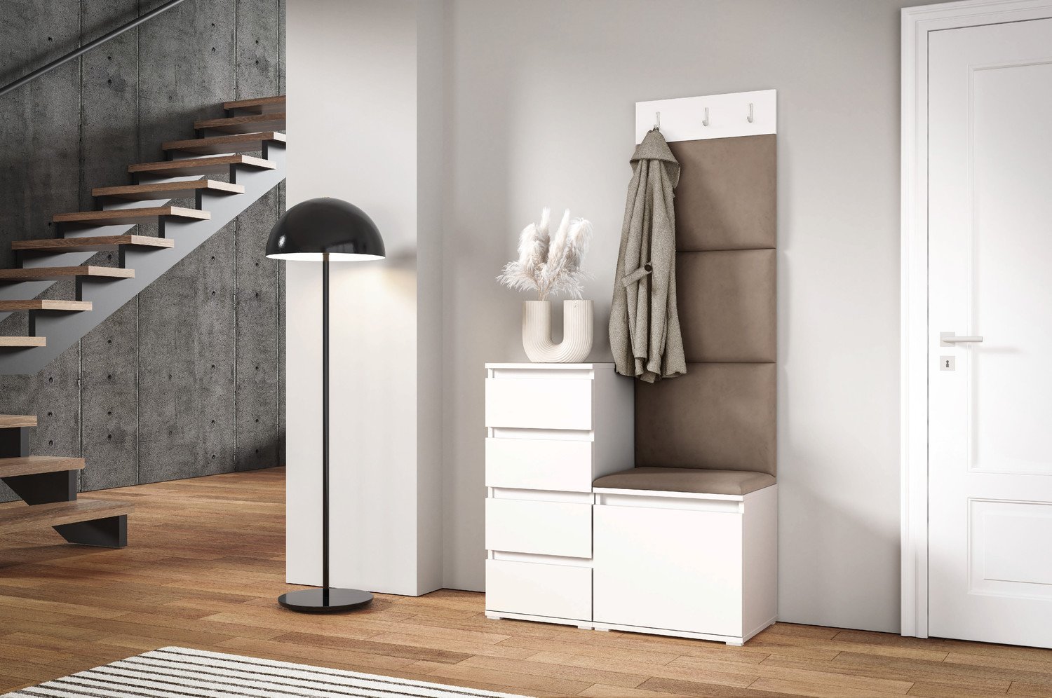 Eka Předsíňová stěna s čalouněnými panely Trinity 36 - Bílá / Tmavá béžová 2305