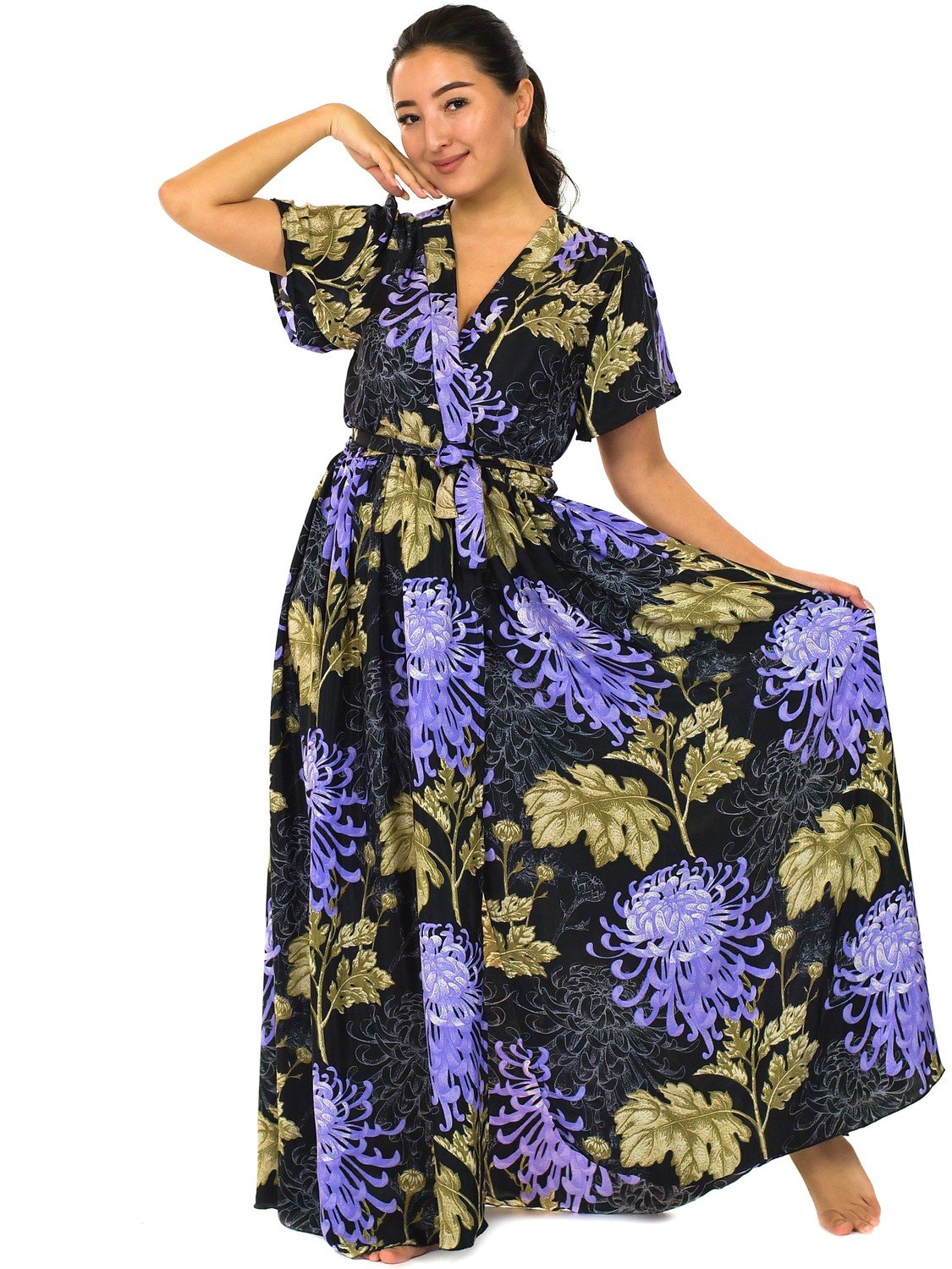 Himalife Dlouhé zavinovací šaty Astra - černá s fialovou a zlatou Velikost: S/M