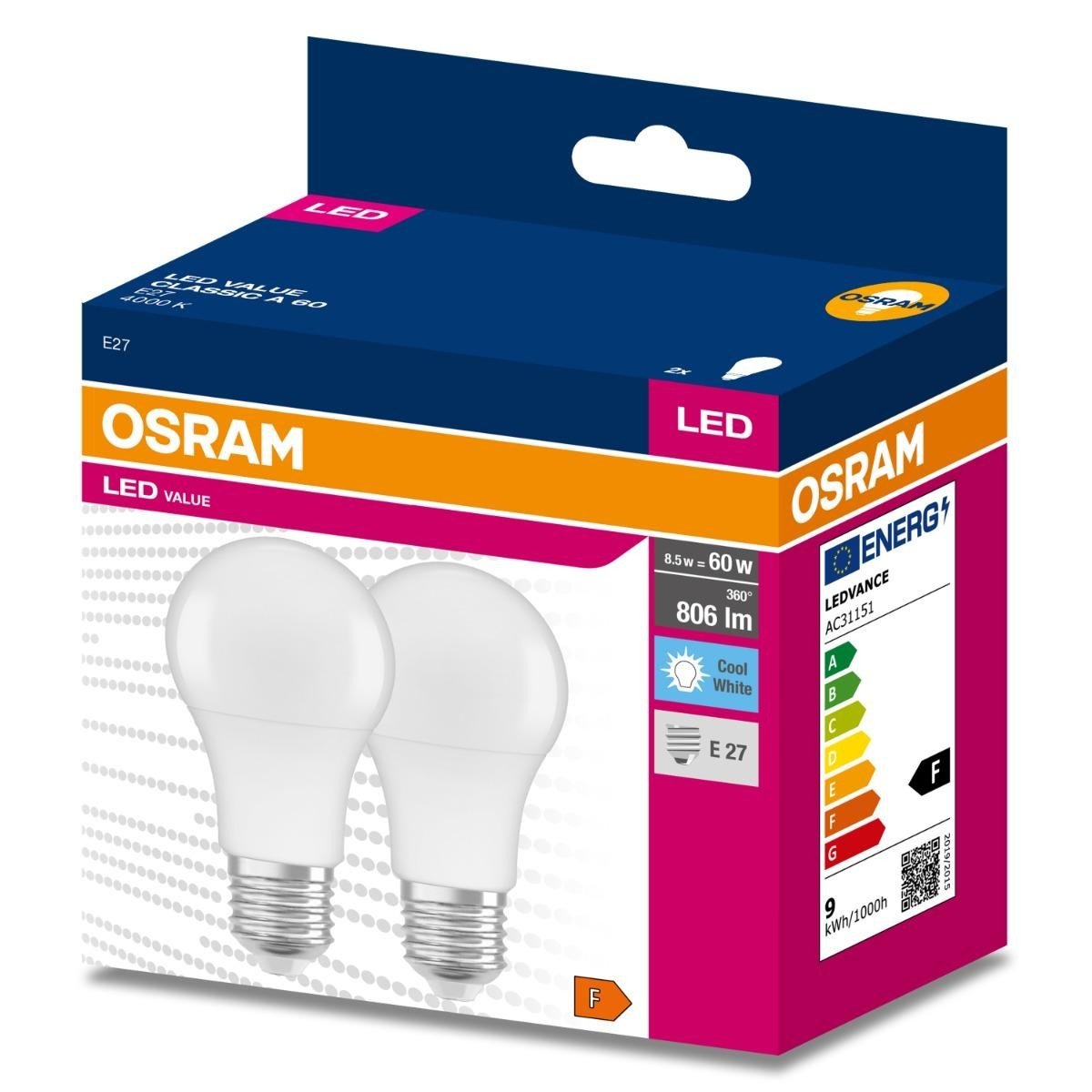 2PAK LED žárovka E27 A60 8,5W = 60W 806lm 4000K Neutrální bílá 200° OSRAM VALUE OSRVALU7419