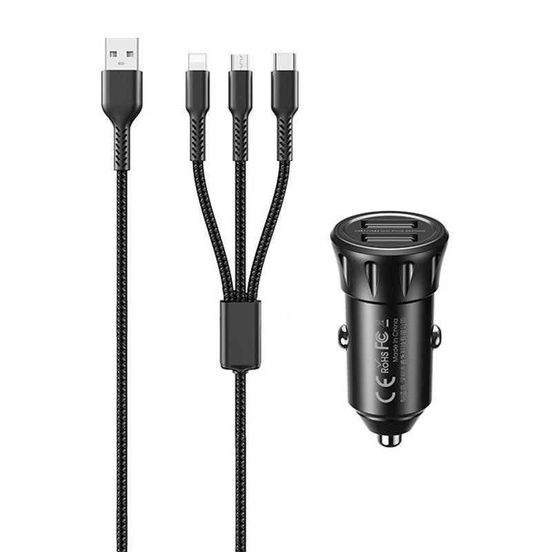 2x USB nabíječka do auta, REMAX RCC236, 2,4A (černá) + kabel 3 v 1