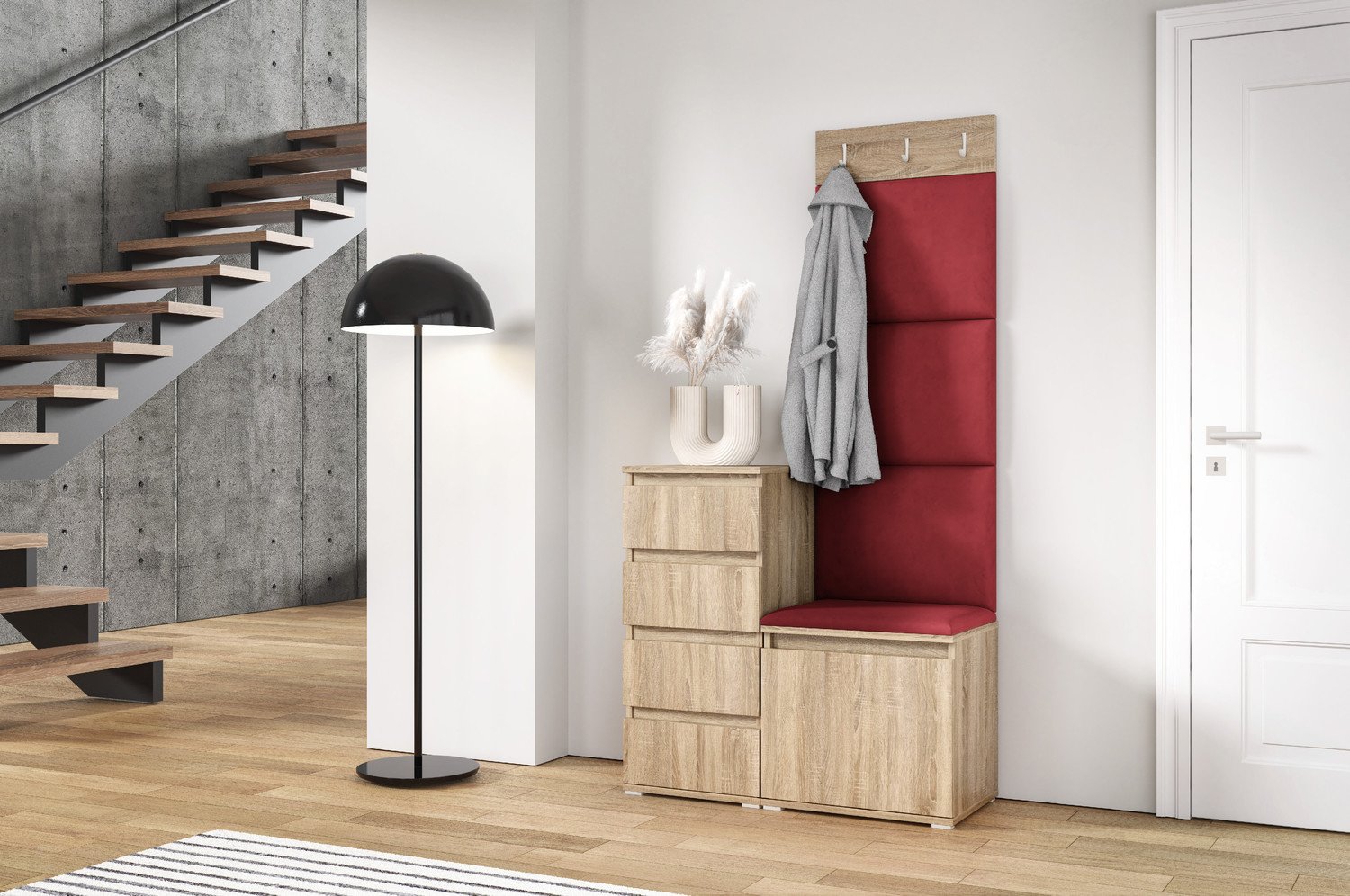 Eka Předsíňová stěna s čalouněnými panely Trinity 36 - Sonoma / Rubínová 2324