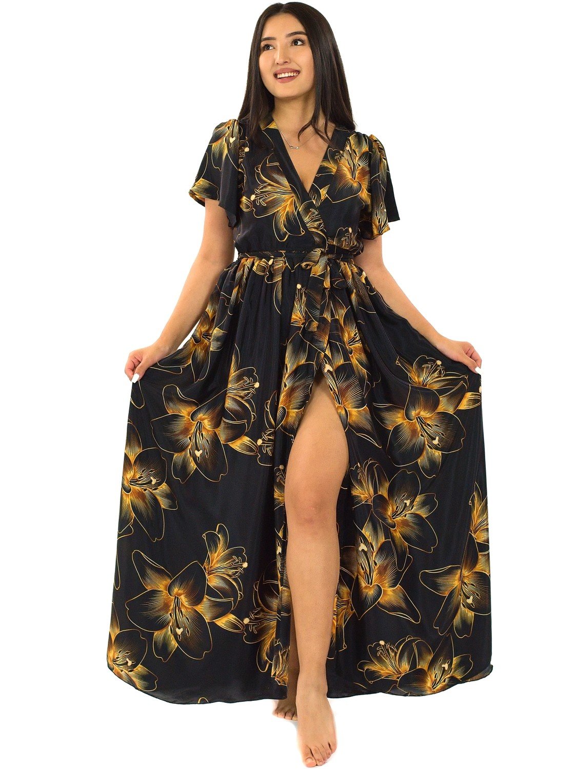 Himalife Dlouhé zavinovací šaty Lilie - černá se zlatou Velikost: S/M