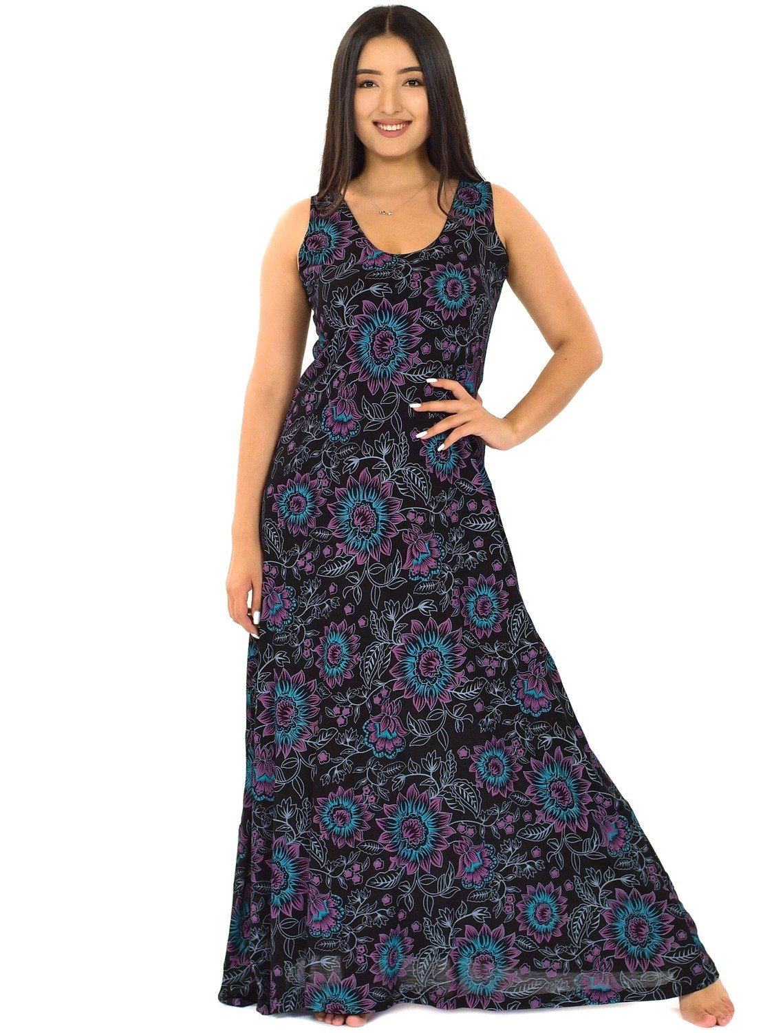 Himalife Dlouhé šaty Akira - černá s fialovou a tyrkysovou Velikost: L