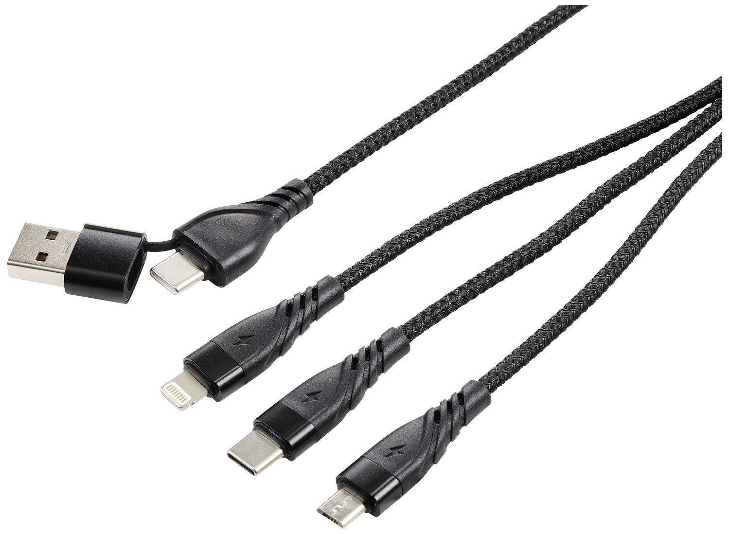 Nabíjecí kabel USB USB 2.0 USB-A zástrčka, USB-C ® zástrčka, USB Micro-B zástrčka, Apple Lightning konektor, USB-C ® zástrčka 3.00 m alcantara černá hliníková