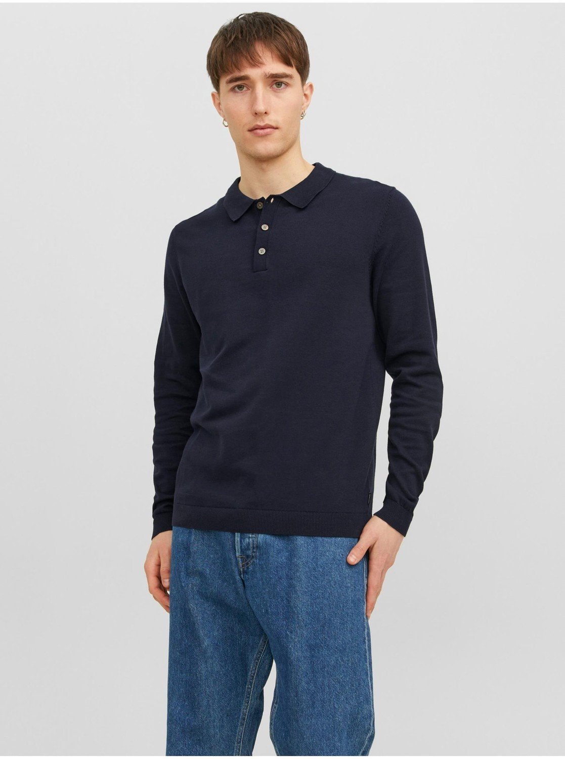 Jack & Jones Tmavě modré pánské úpletové polo tričko s dlouhým rukávem Jack & J - Pánské