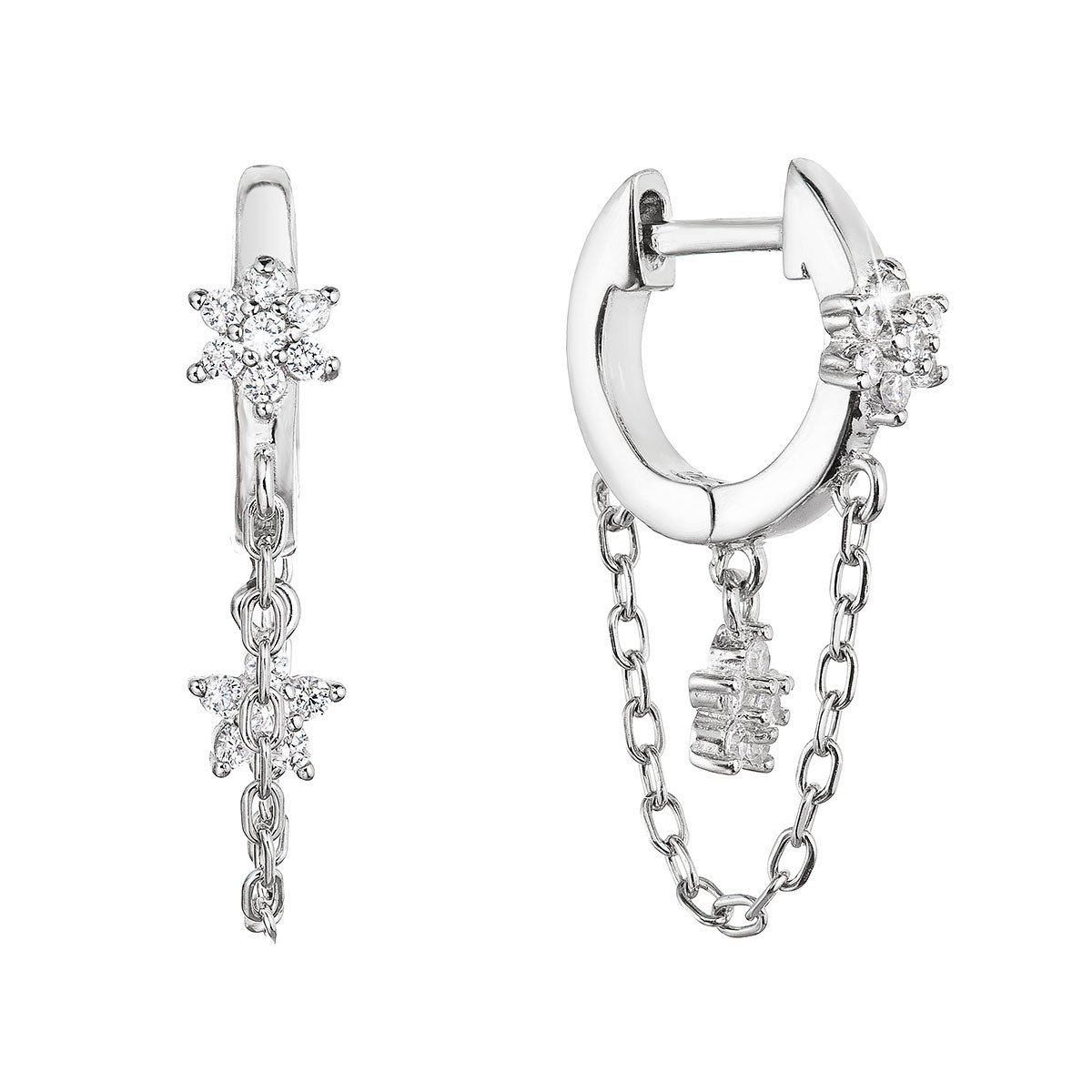 Evolution Group Stříbrné náušnice kroužek a řetízek s kytičkami 11435.1 crystal