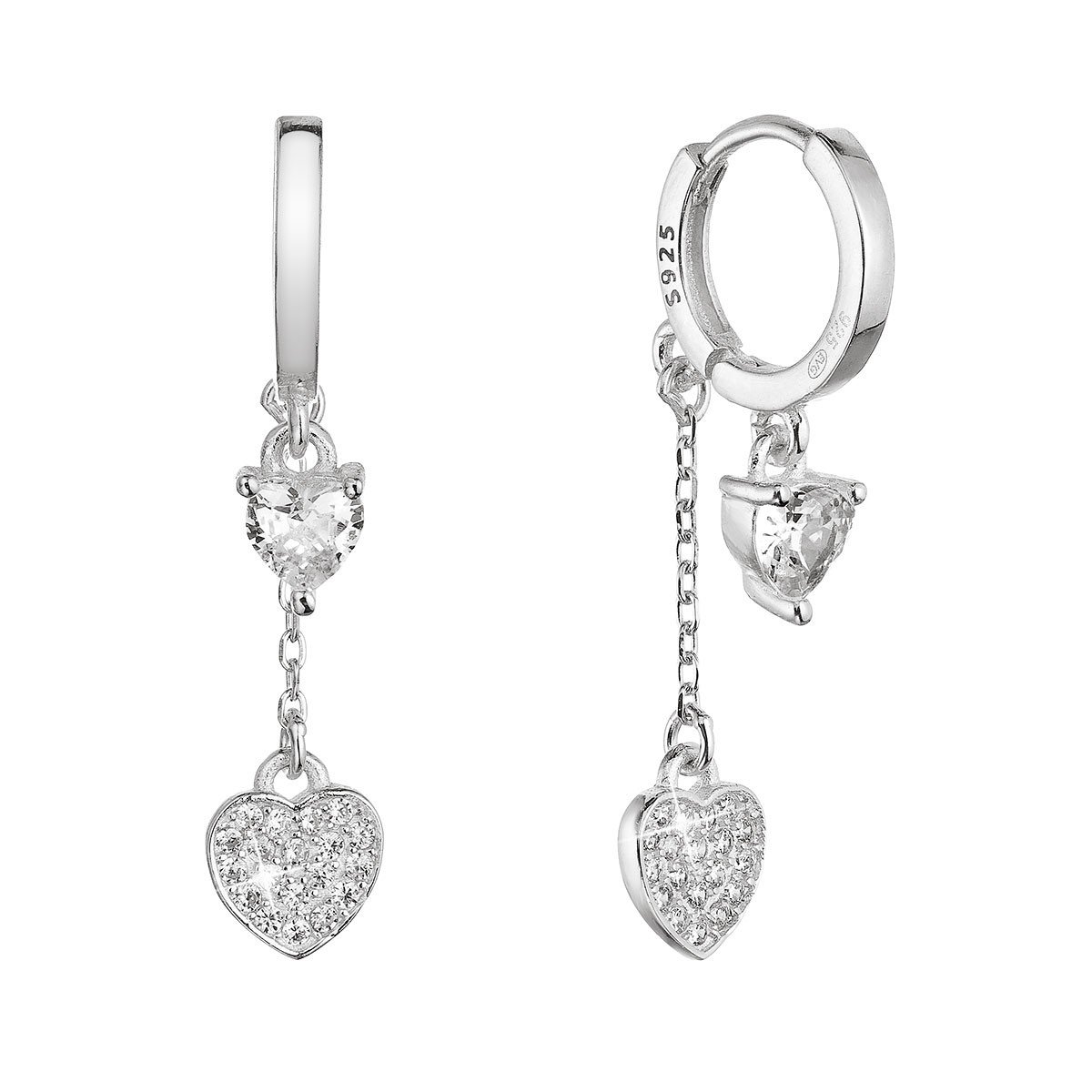 Evolution Group Stříbrné náušnice kroužky s visícím srdíčkem se zirkony 11427.1