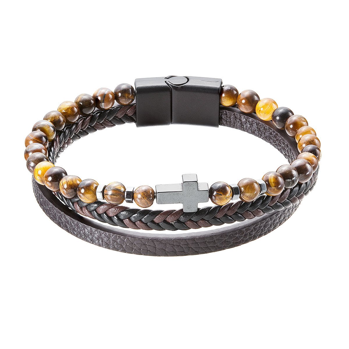 Evolution Group Náramek pánský koženka a korálky tygří oko s křížkem 43044.3 hnědý