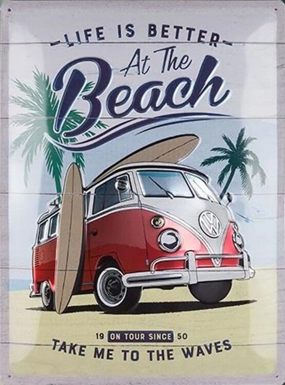 Postershop Plechová cedule VW Bulli - Beach, ( x  cm)