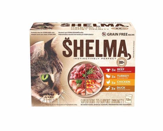 SHELMA Cat kuřecí, hovězí, kachní a krůtí, kapsička 12x 85 g (12 pack)