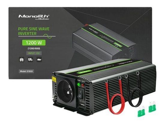 QOLTEC 51933 Pure Sine Wave Inverter Monolith / 600W / 1200W / 12V to 230V, 51933