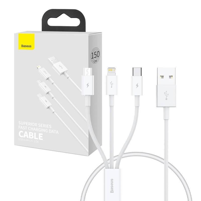 Baseus Superior Data USB na M+L+C 3,5A rychlonabíjecí kabel 0,5M (bílý)