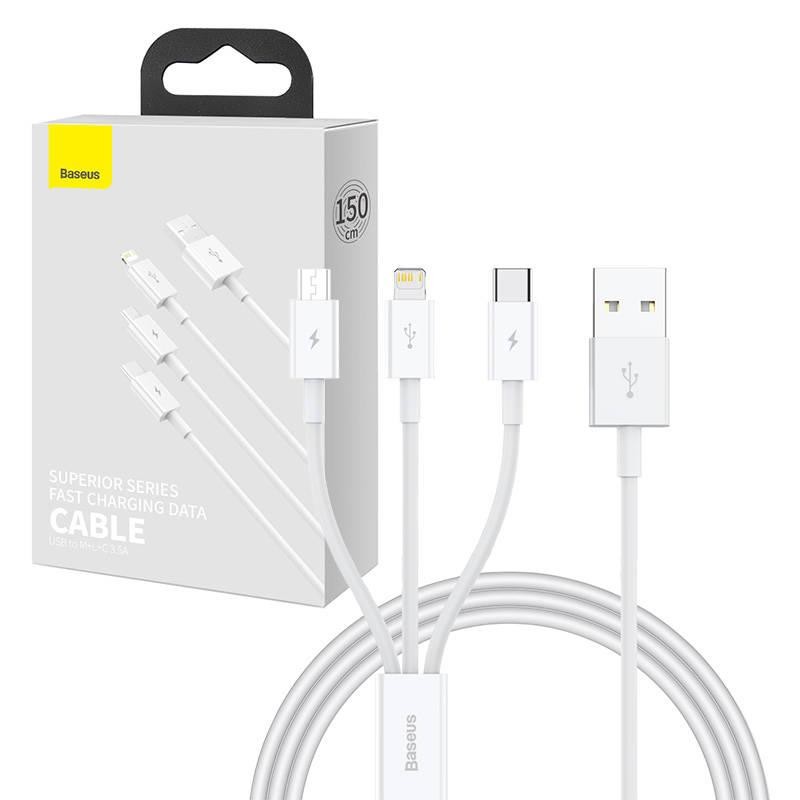 Baseus Superior Data USB na M+L+C 3,5A rychlonabíjecí kabel 1M (bílý)