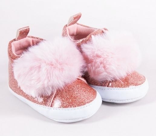 Kojenecké boty/capáčky lakýrky Girl s kožešinou YO ! - růžový brokát 56-68 (0-6 m)