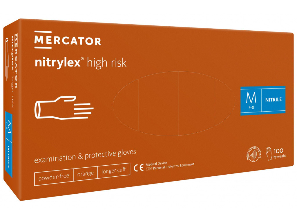 Rukavice nitrilové Mercator Medical Nitrylex High Risk, 100 ks, oranžové, nepudrované Rozměr: S