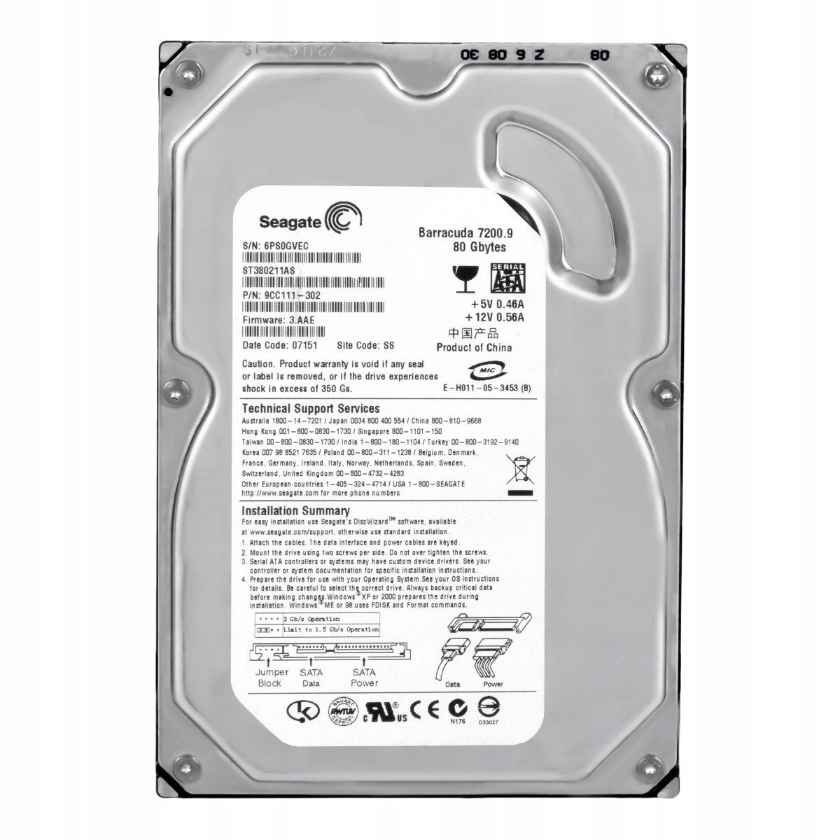 Seagate 80GB 7.2K 2MB Sata II 3.5'' ST380211AS
