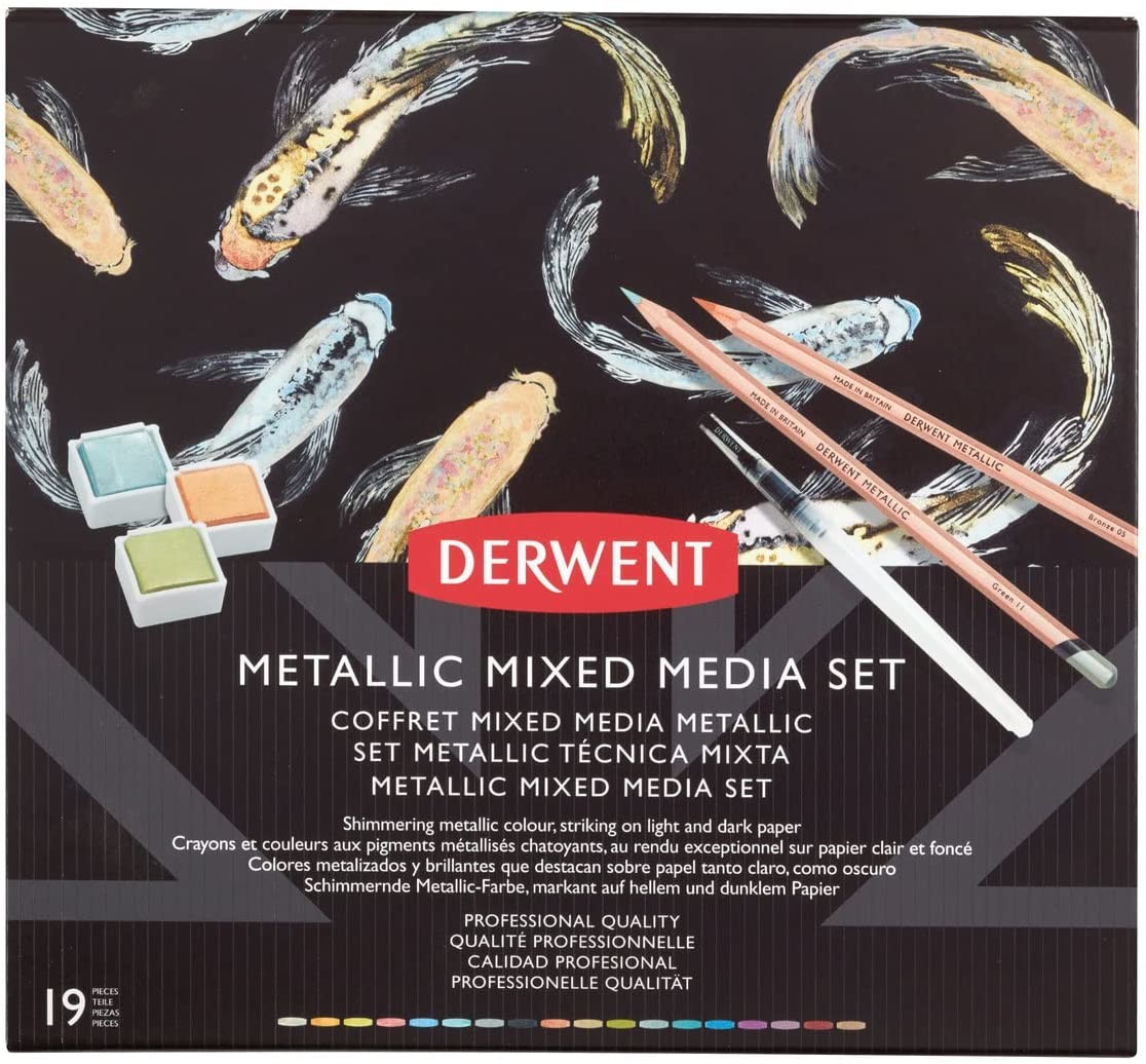 Derwent, 2305948, Metallic Mixed Media, sada metalických pastelek a akvarelových barev se štětcem, 19 ks