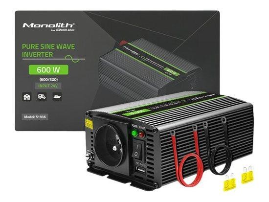 QOLTEC 51936 Pure Sine Wave Inverter Monolith / 300W / 600W / 24V to 230V, 51936
