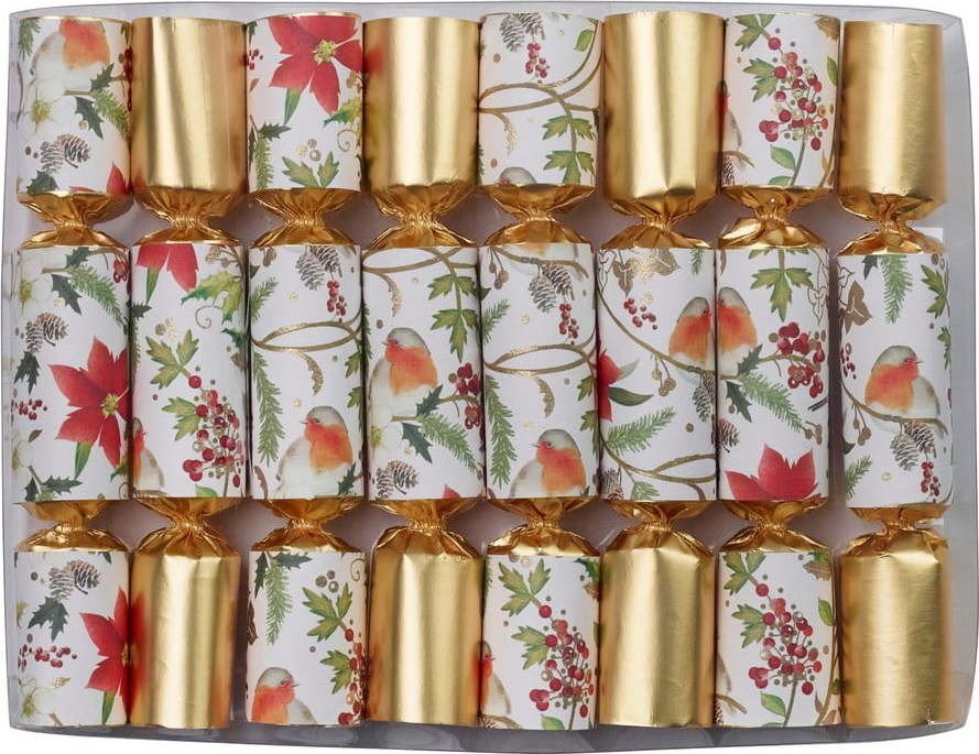 Vánoční crackery v sadě 8 ks Gold Floral Robin - Robin Reed