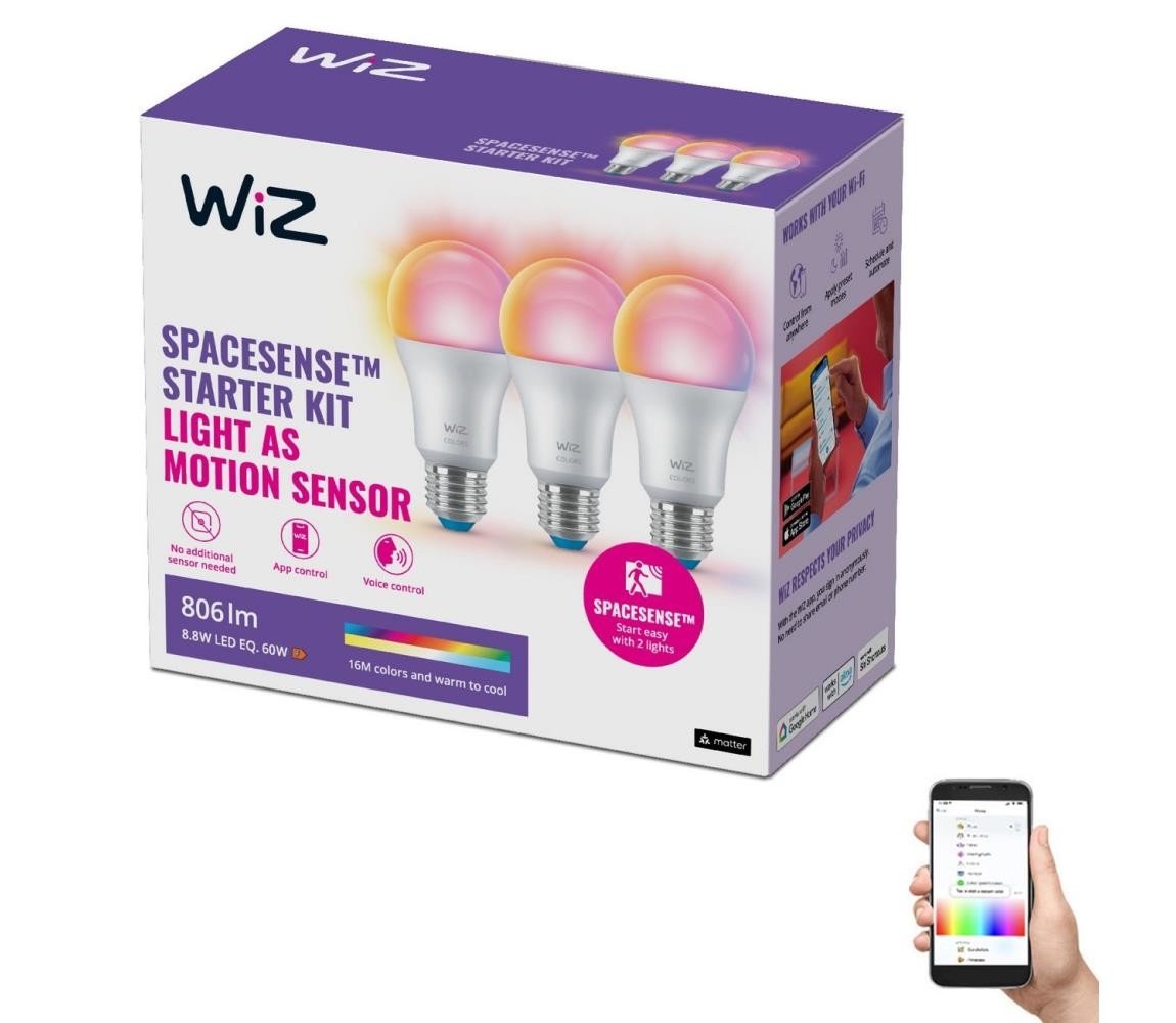 WiZ SADA 3x LED RGBW Stmívatelná žárovka A60 E27/8,8W/230V 2200-6500K Wi-Fi - WiZ