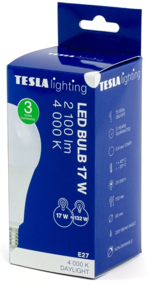 Tesla Lighting LED žárovka BULB E27, 17W, 230V, 2100lm, 25 000h, 4000K denní bílá 220st