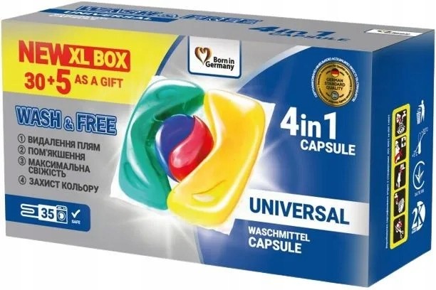 2K (DE+UA) WASH&FREE Prací kapsle XL BOX 30+5ks (35dávek) WASH&FREE Prací kapsle XL BOX 30+5ks: UNIVERSAL (modrá)