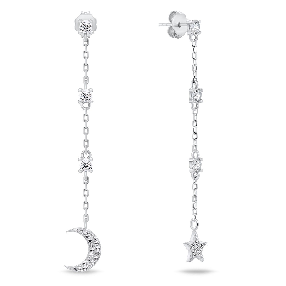 Brilio Silver Dlouhé stříbrné náušnice Měsíc a Hvězda se zirkony EA832W