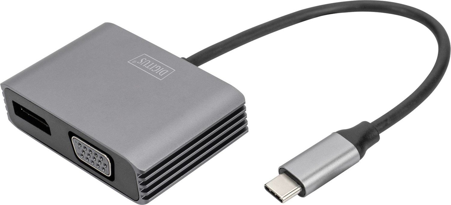 Digitus DA-70827 DisplayPort / RB / USB-C® adaptér [1x USB-C® - 2x zásuvka DisplayPort, VGA zásuvka] černá stíněný, kulatý 0.2 m