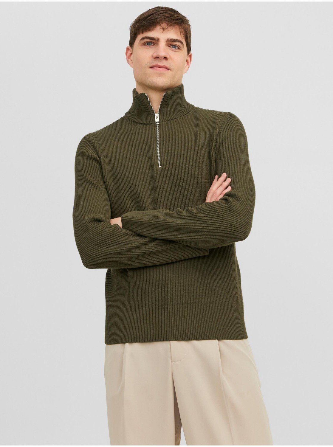 Khaki pánský žebrovaný svetr Jack & Jones Perfect - Pánské