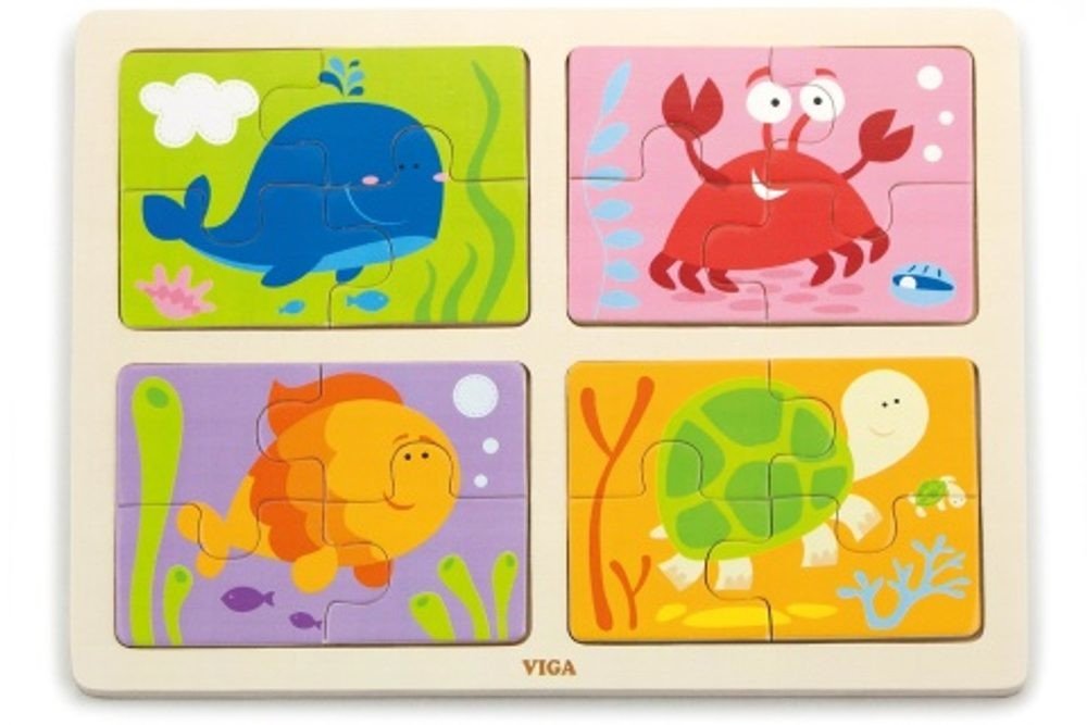 VIGA DŘEVO Puzzle na desce 4v1 mořská zvířátka baby skládačka 16 dílků