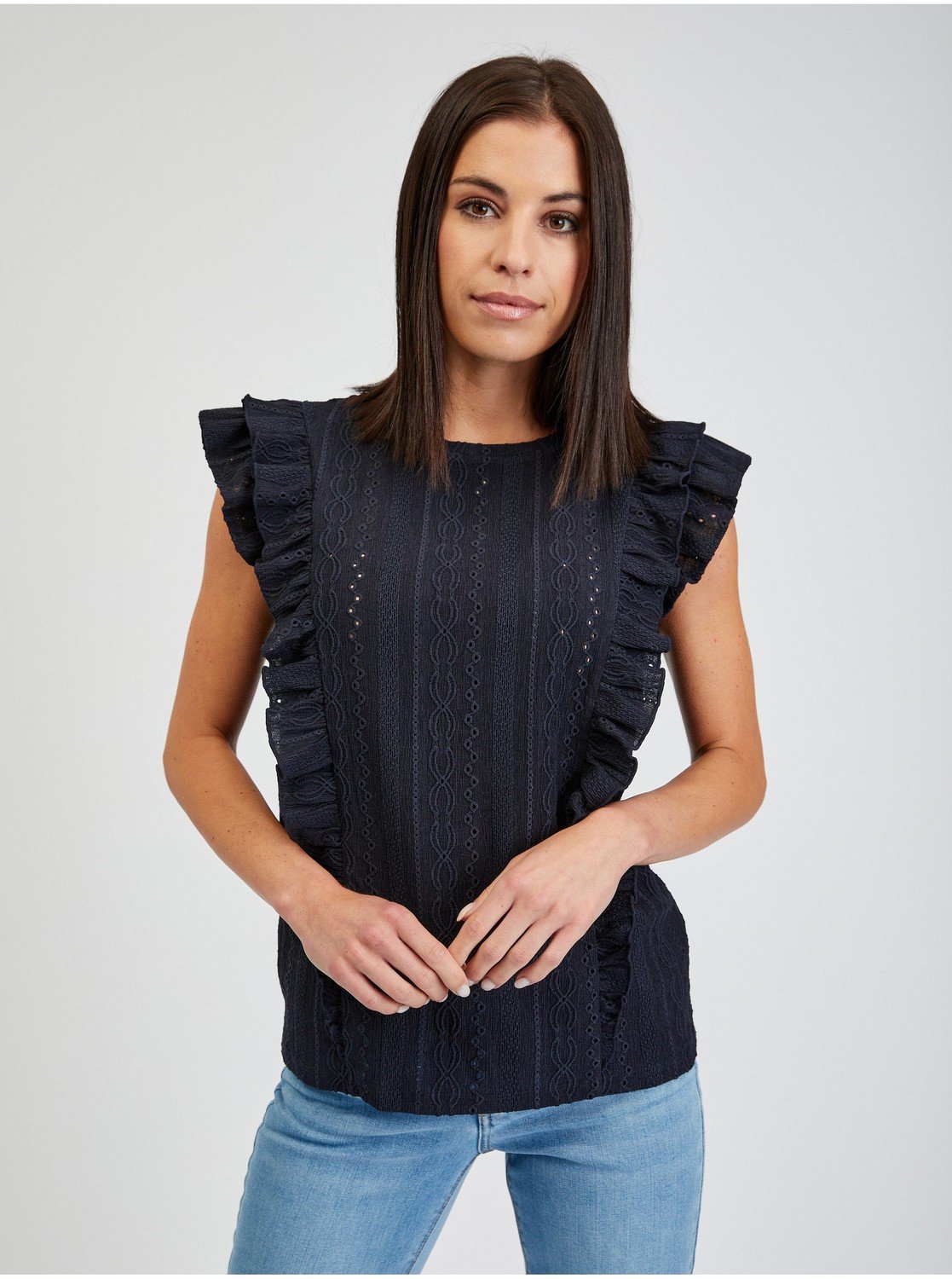 Orsay Tmavě modré dámské tričko s volánem - Dámské