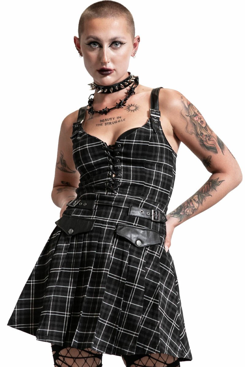 šaty dámské KILLSTAR - Distortion Pleated - ASH TARTAN XS