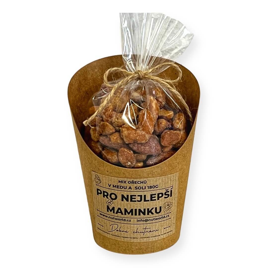 Nutworld.cz Mix ořechů v medu a soli v celofánku a kelímku 180g PRO MAMINKU