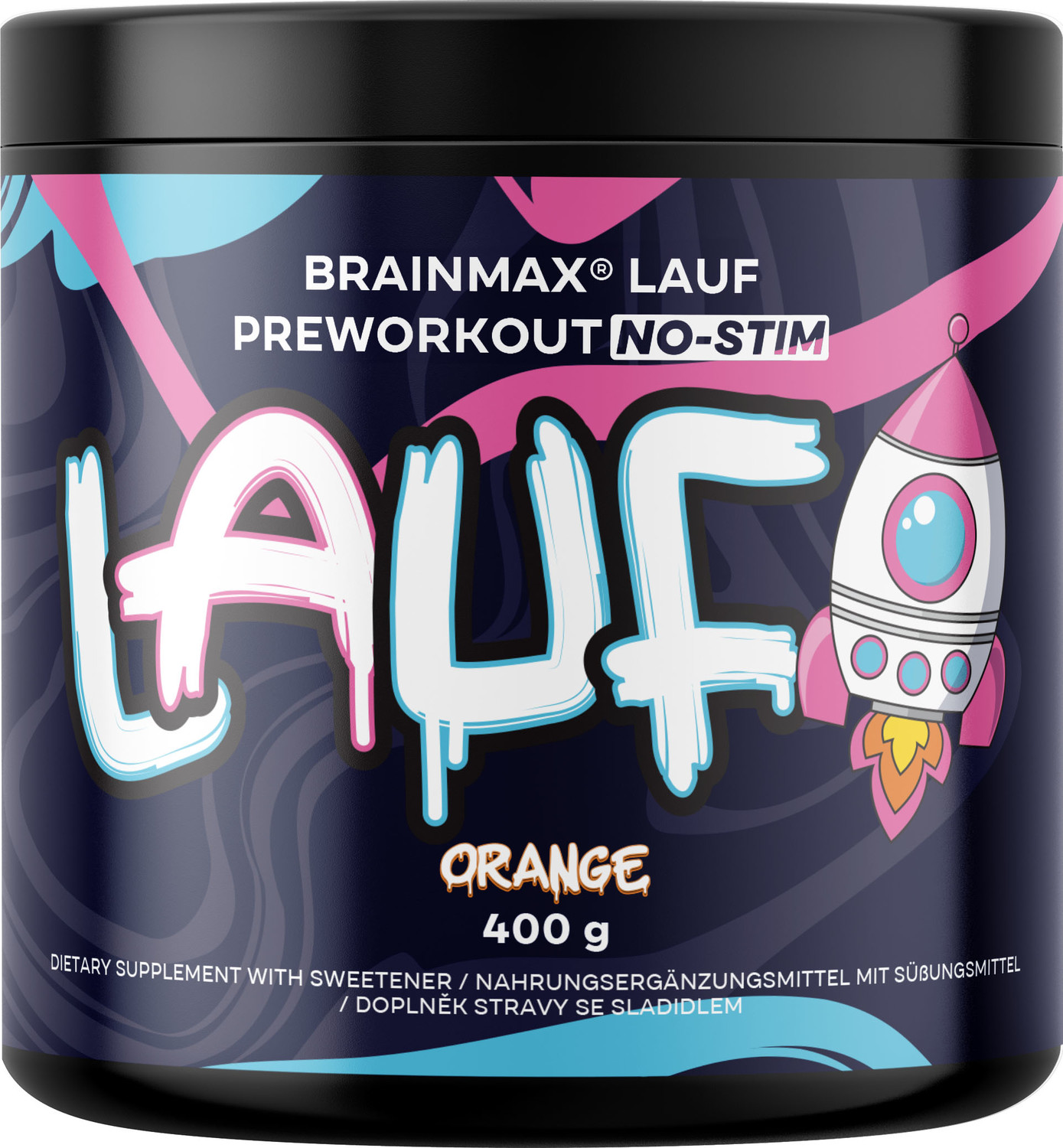 BrainMax Lauf Preworkout NO-STIM, Předtréninkovka pro podporu výkonu bez kofeinu, červený pomeranč, 400 g