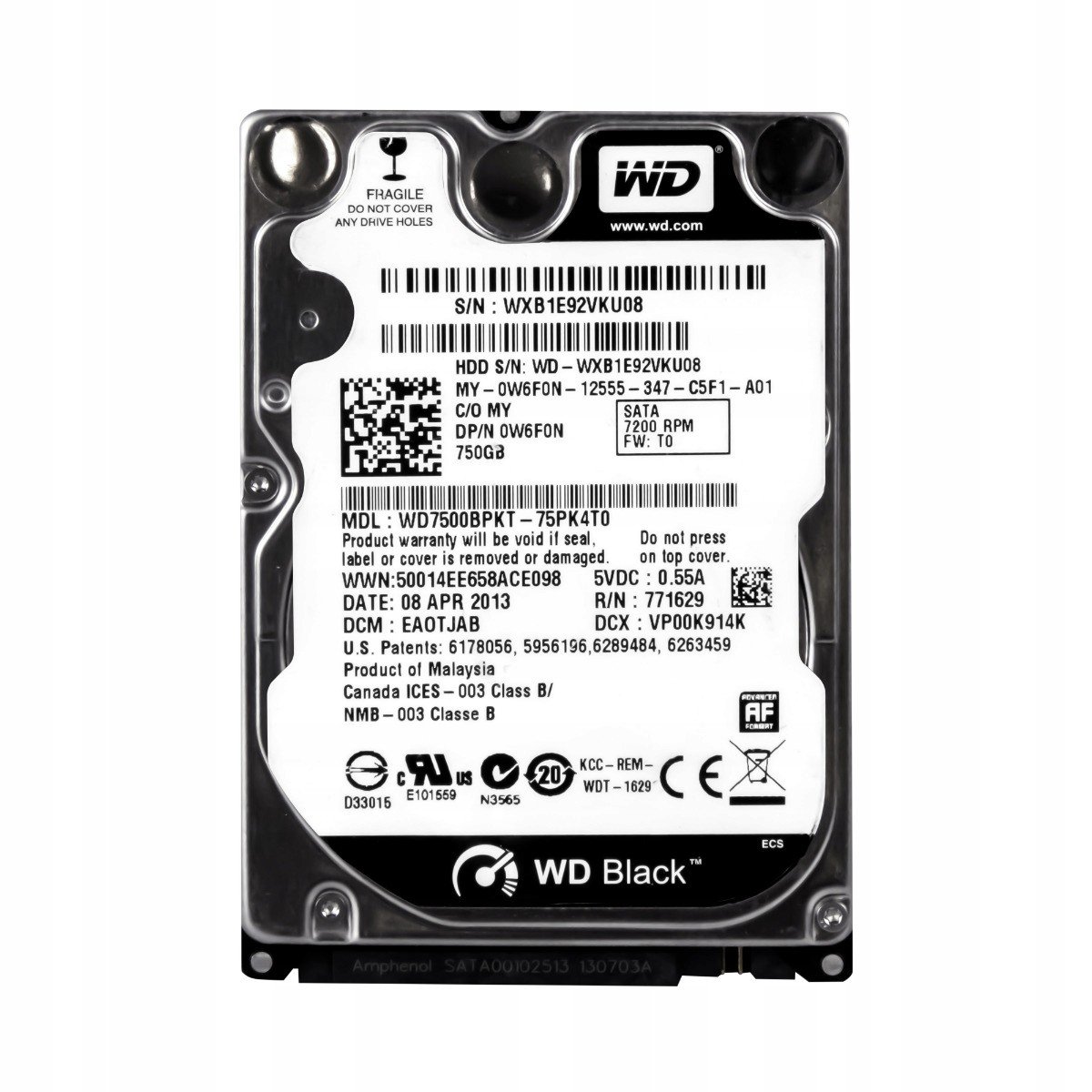Dell 0W6F0N 750GB 7.2K Sata II 2.5'' WD7500BPKT