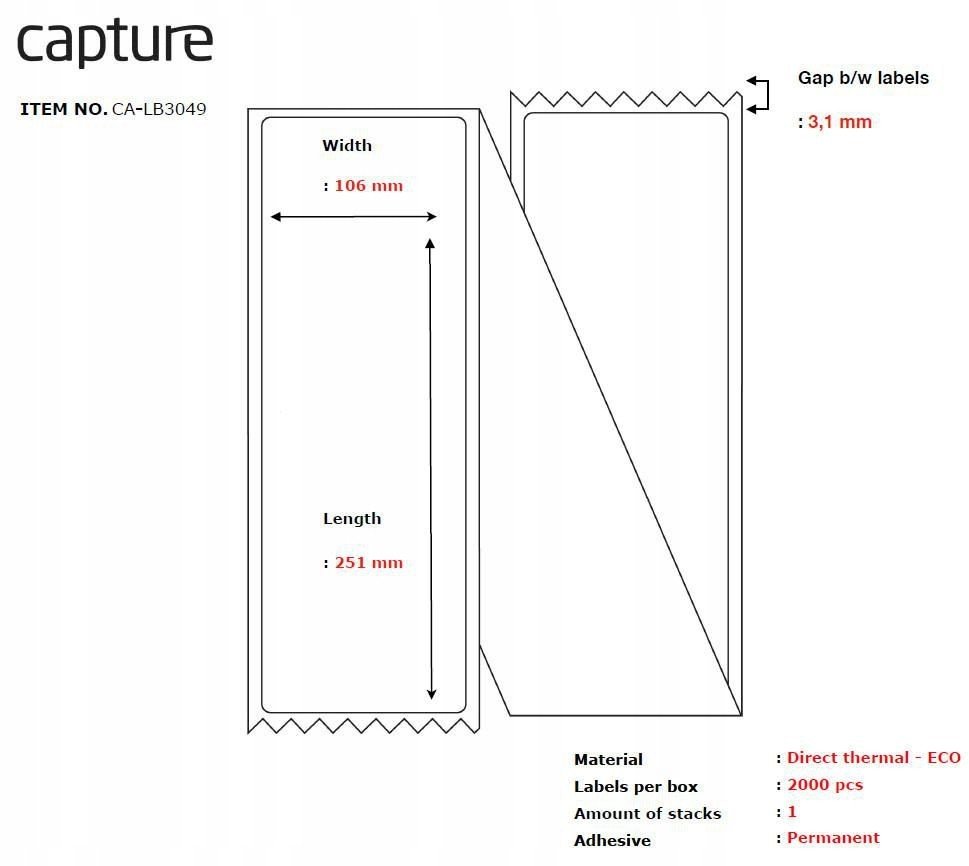 Capture Label 106x251, Core Fanfold.