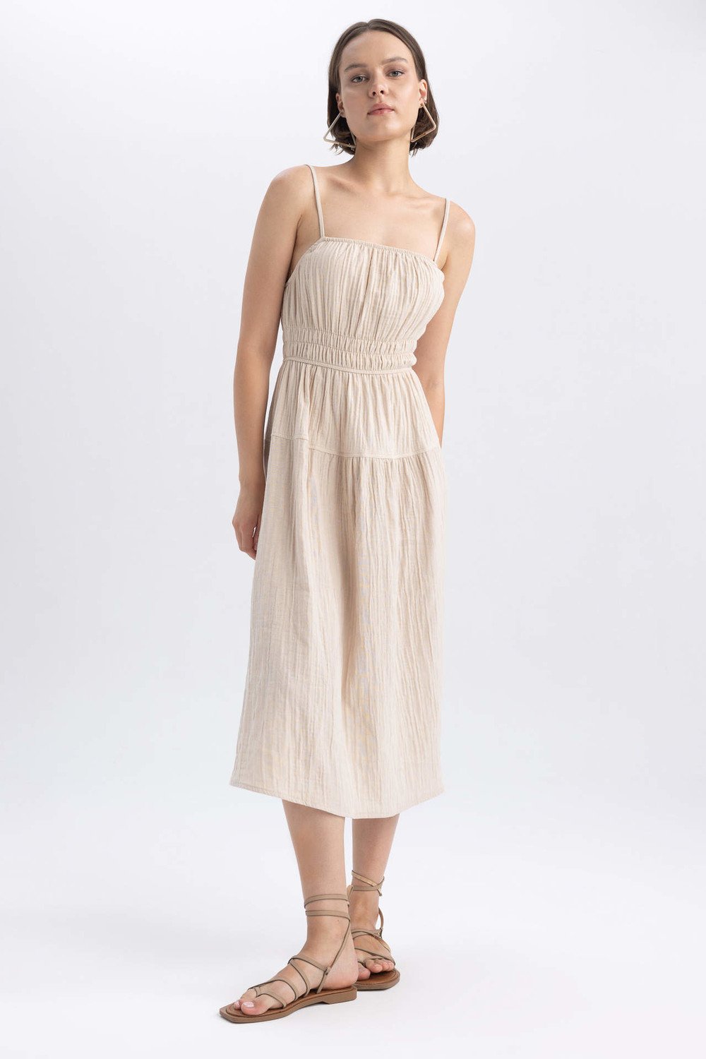 DEFACTO A Cut Strapless Muslin Maxi Short Sleeve Woven Dress