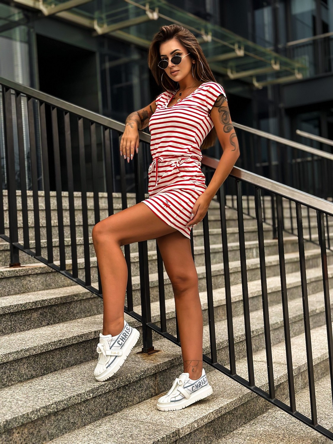 White and red mini dress with striped Mayflies cheese