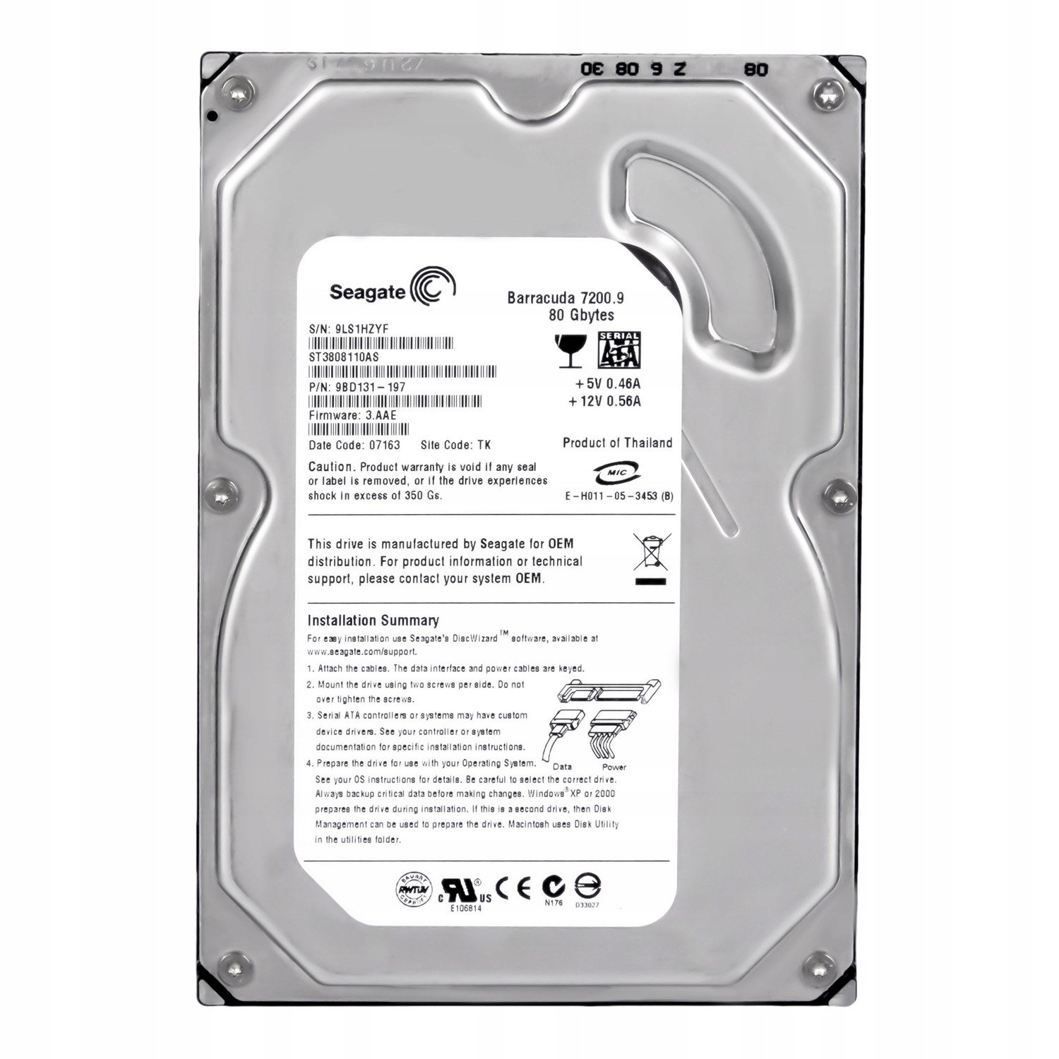 Seagate 80GB 7.2K 8MB Sata II 3.5'' ST3808110AS